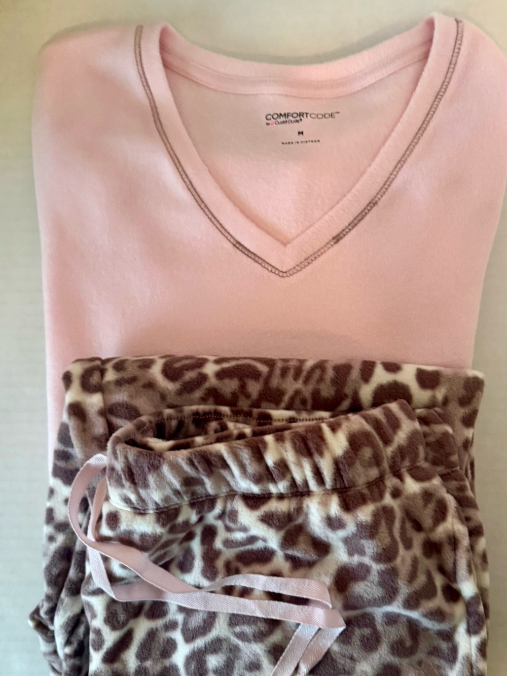 Cuddl Duds Pink V-Neck Top with Brown Leopard Print Pants